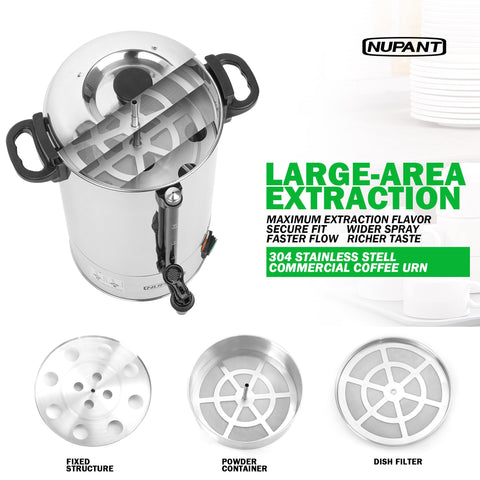 NUPANT coffee urn filter access top view demonstrates upgraded filtration for richer brew.