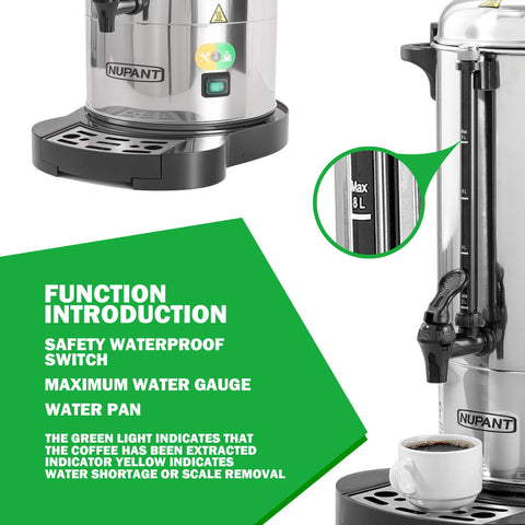 NUPANT coffee urn spout driptray close-up emphasizes anti-spill design for tidy serving.