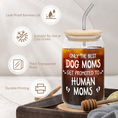 Nurforta dog mom design glass cup for dog-loving moms.