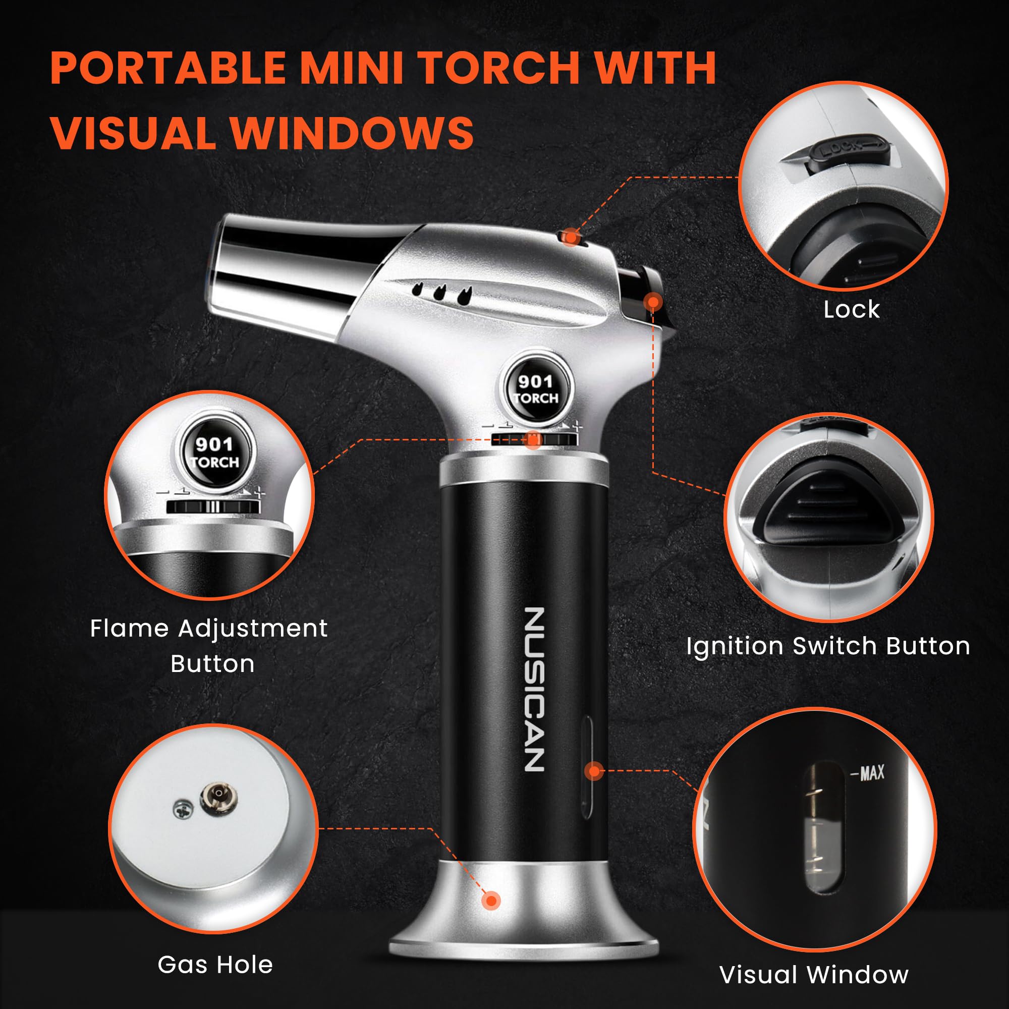 Torch with visual window and safety lock for controlled flame.
