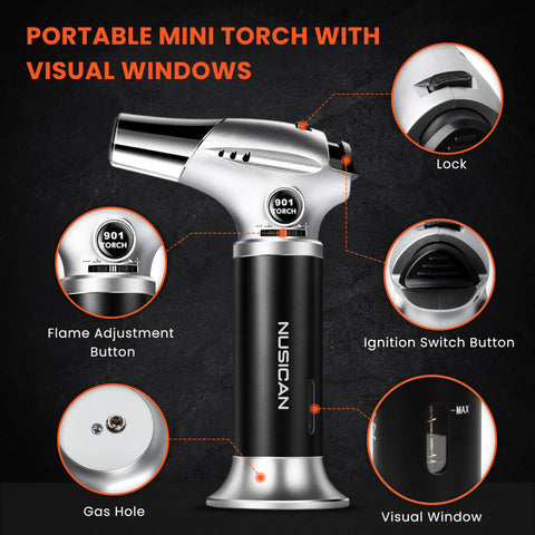 Torch with visual window and safety lock for controlled flame.