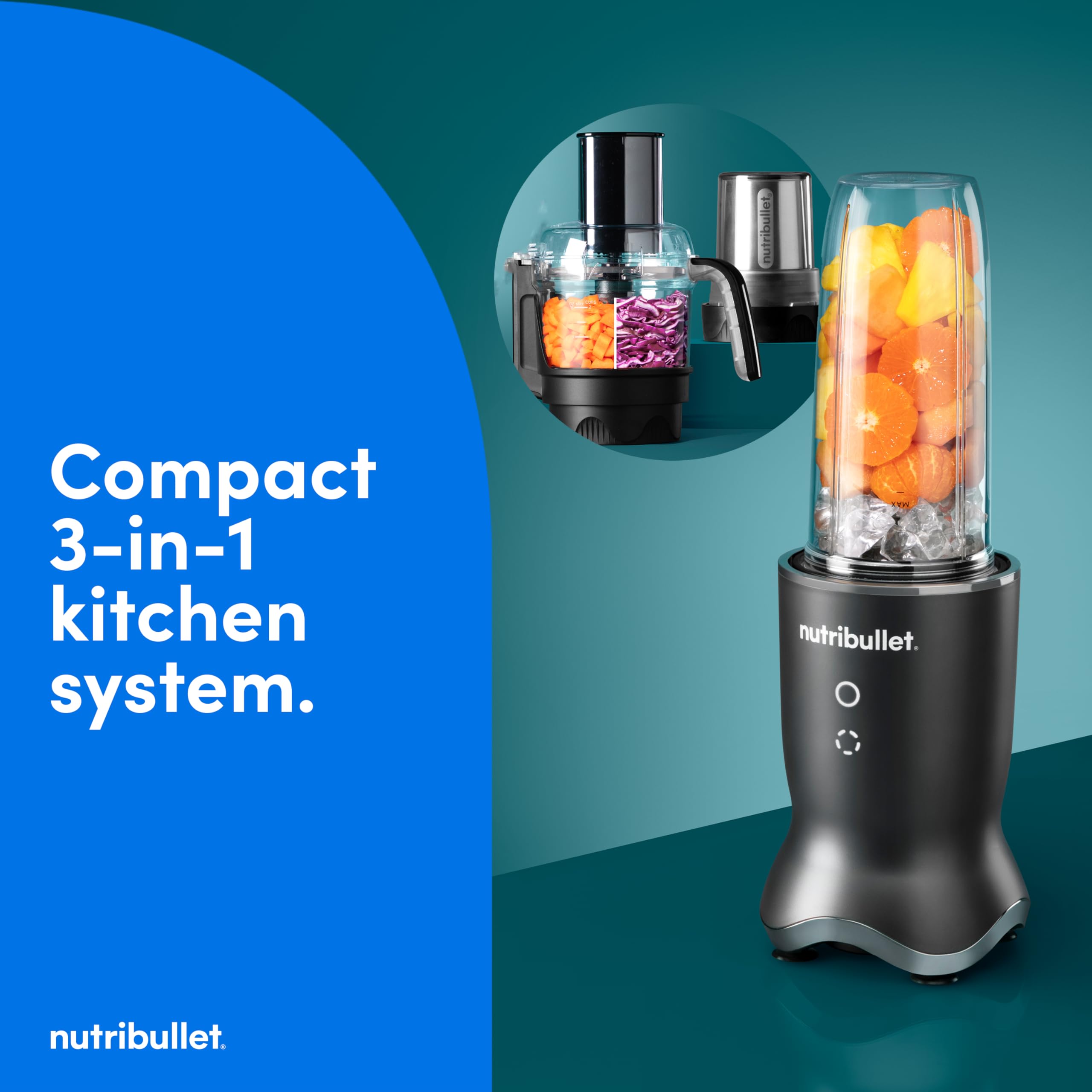 NutriBullet Ultra Plus+ 2-cup food processor attachment handles chopping and slicing.