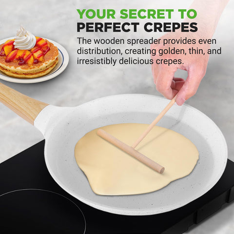 NutriChef crepe pan with wooden spreader for even batter distribution.