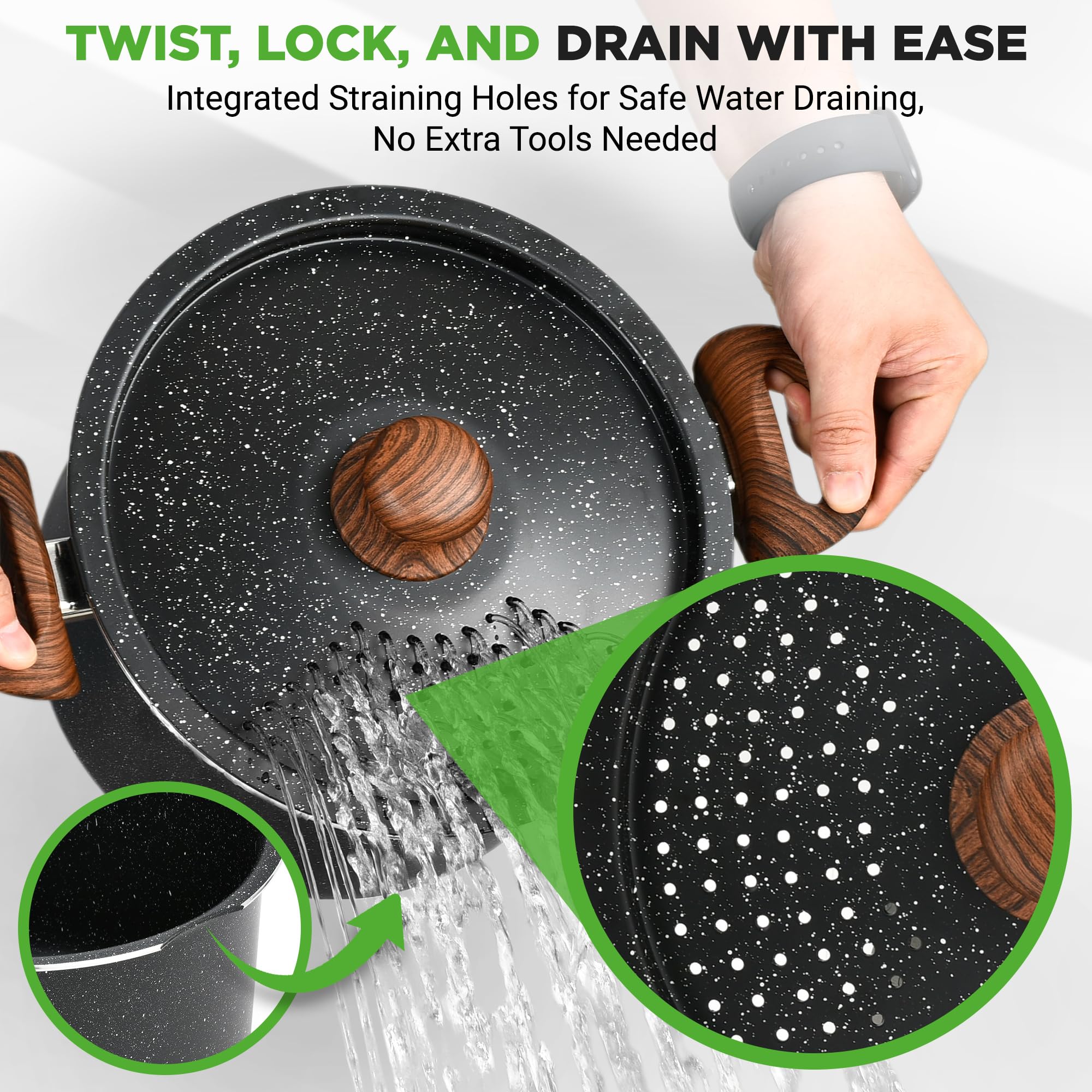 NutriChef pasta pot strainer lid in use for safe, quick draining.