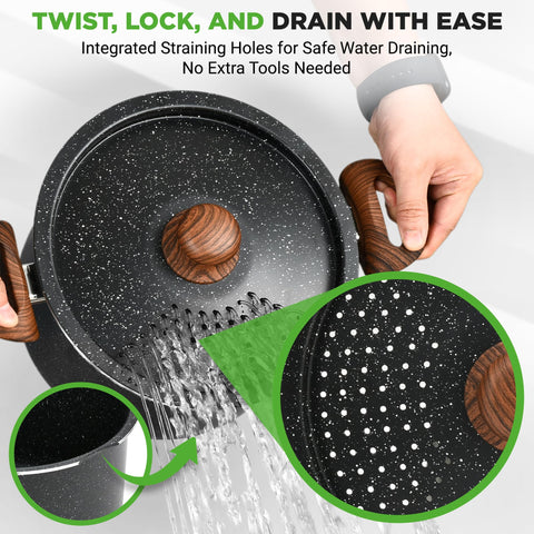 NutriChef pasta pot strainer lid in use for safe, quick draining.