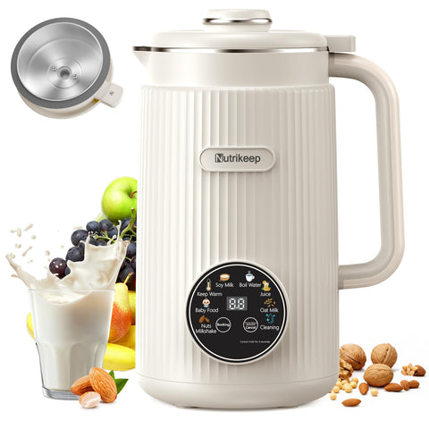 Nutrikeep upgraded 8-in-1 nut milk maker lid shows rust-resistant stainless steel.