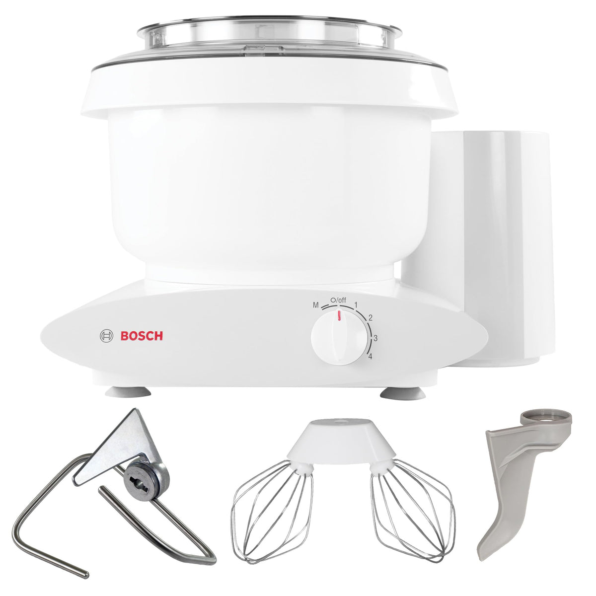 Nutrimill bundle Bosch stand mixer bowl shows 6.5-quart capacity for large batches.