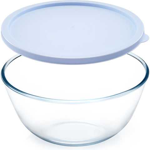 NutriUPS 4.7-quart glass mixing bowl with lid in Twilight Purple, ideal for prep and storage