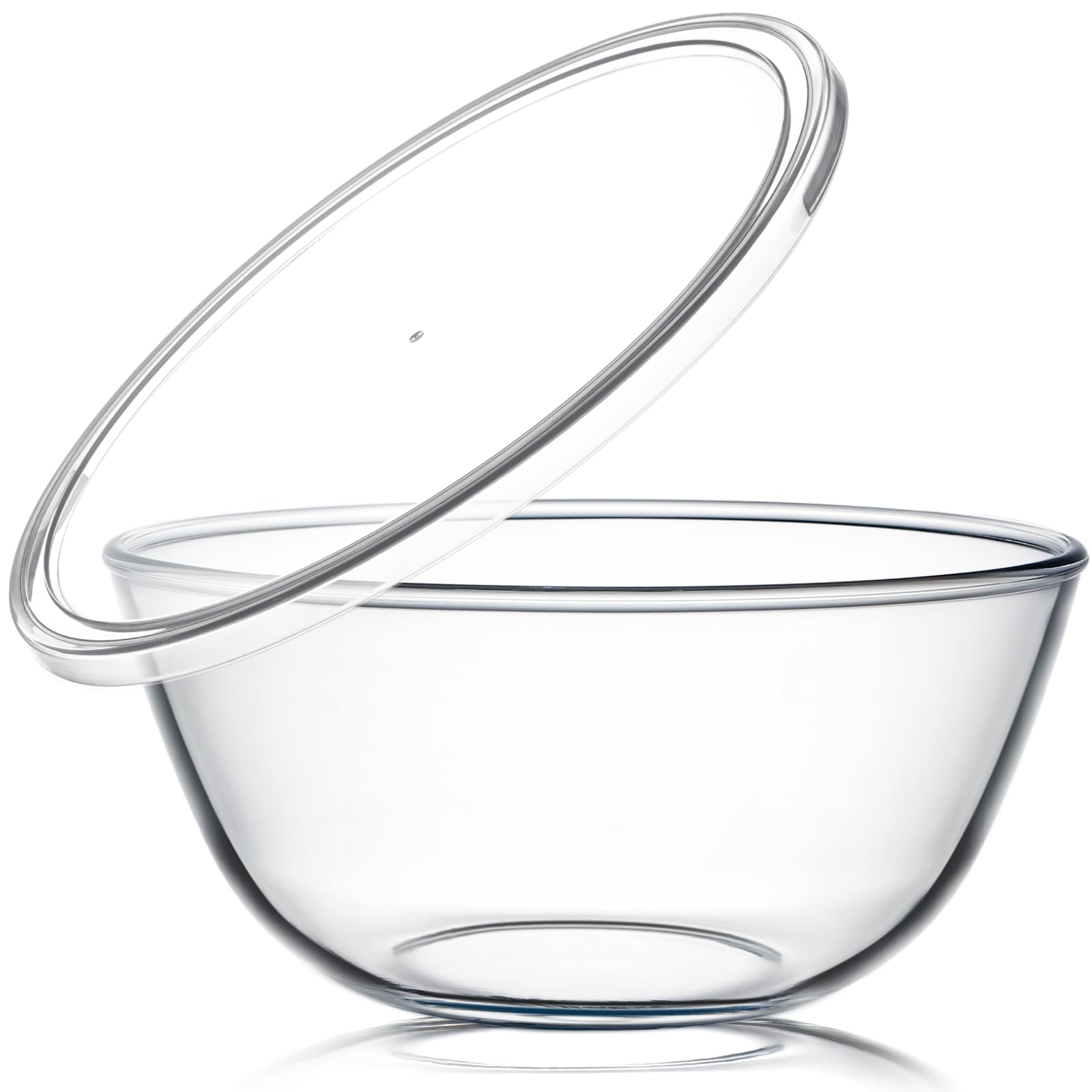 NUTRIUPS 4.7-quart glass mixing bowl with lid shown, durable for hot and cold foods.