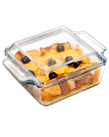 NUTRIUPS 6x6 square glass casserole dish with lid for versatile bake-and-serve meals.