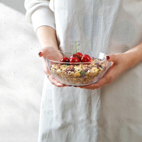 NUTRIUPS clear glass bowls stacked together for compact nesting storage.