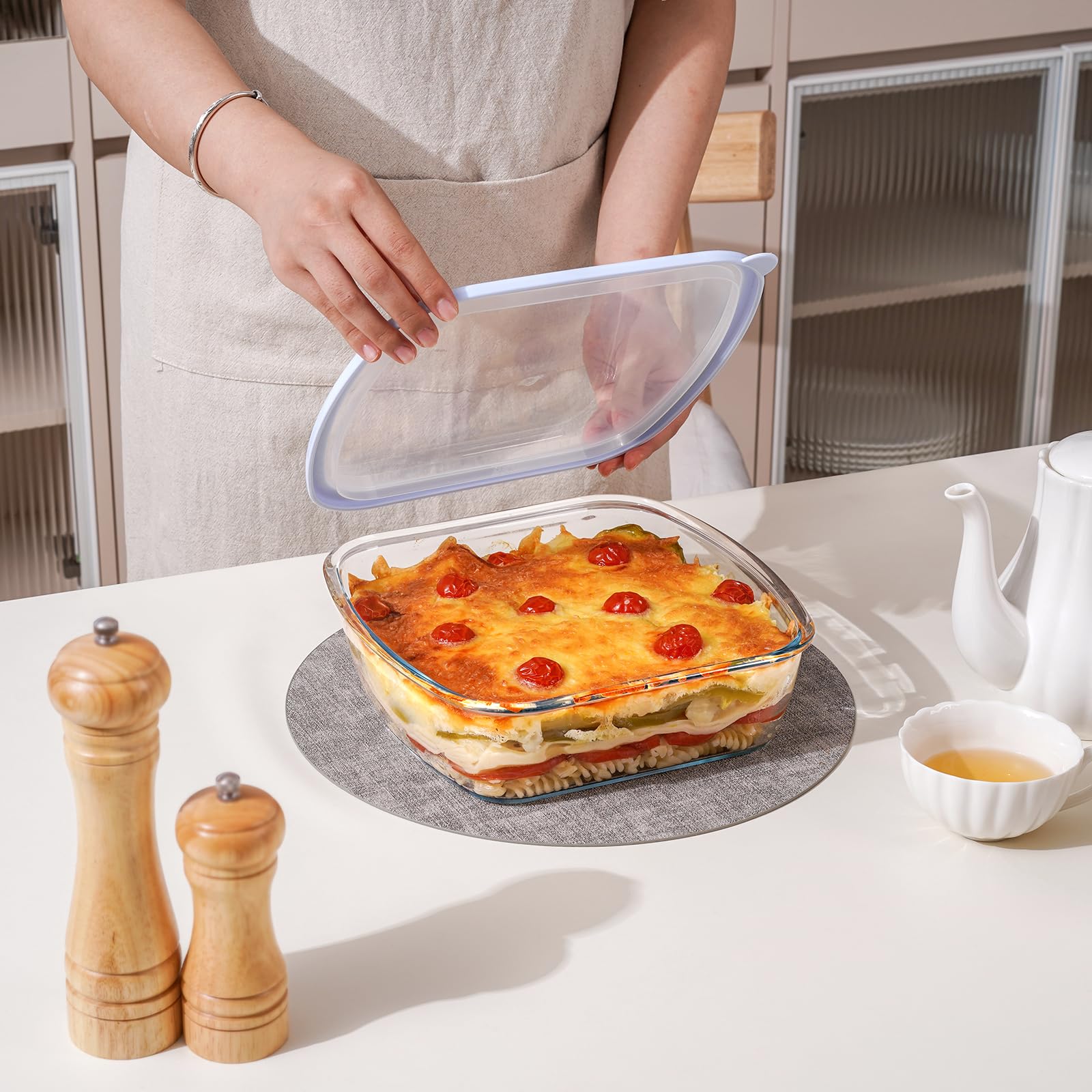 NUTRIUPS glass dish with deeper design helps hold more leftovers and sauces.