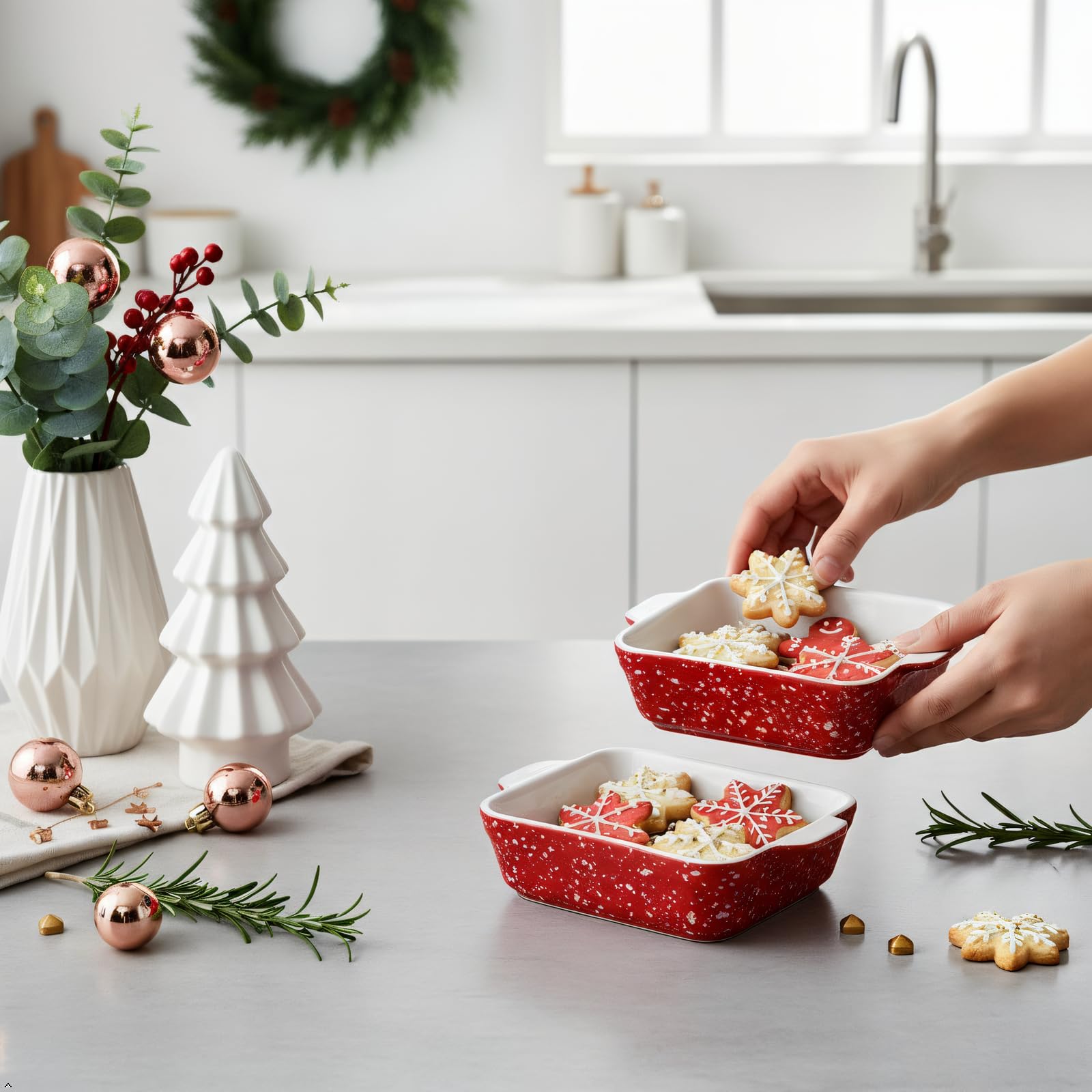 Red ceramic bakeware adds festive color to Christmas tables.