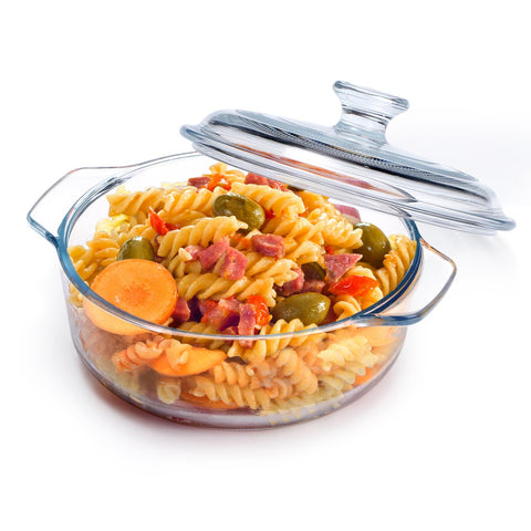 NutriUPS mini glass casserole dish with lid, 6-inch size, ideal for single servings.