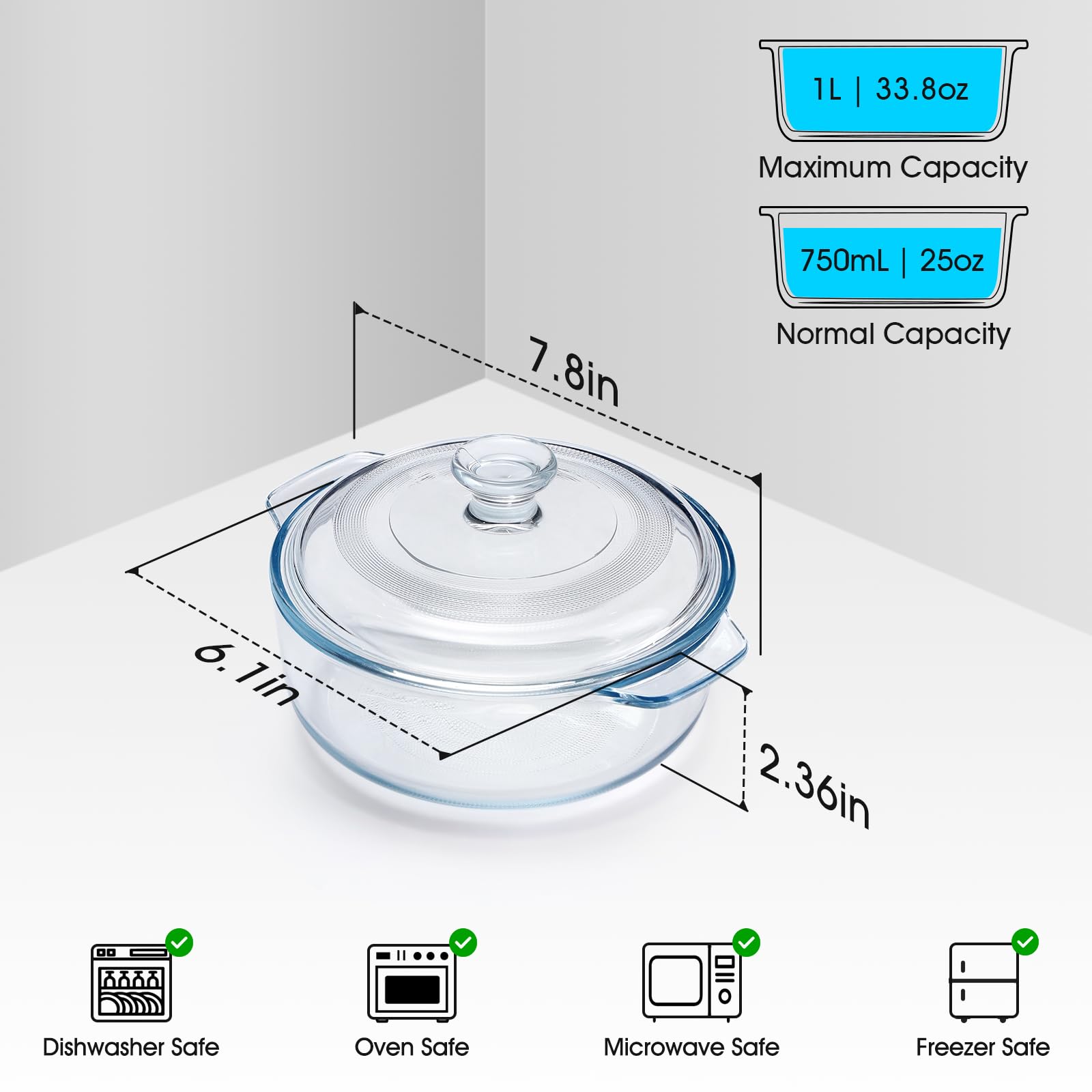 NutriUPS round 6-inch glass casserole with lid, oven-safe for even heating.