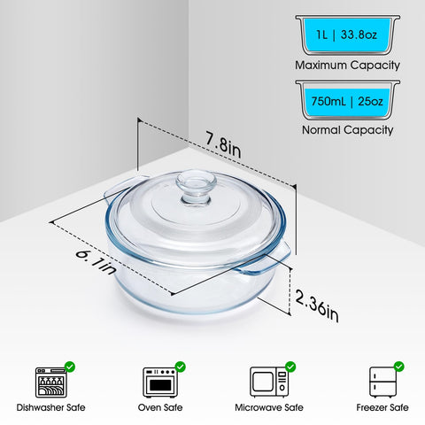 NutriUPS round 6-inch glass casserole with lid, oven-safe for even heating.