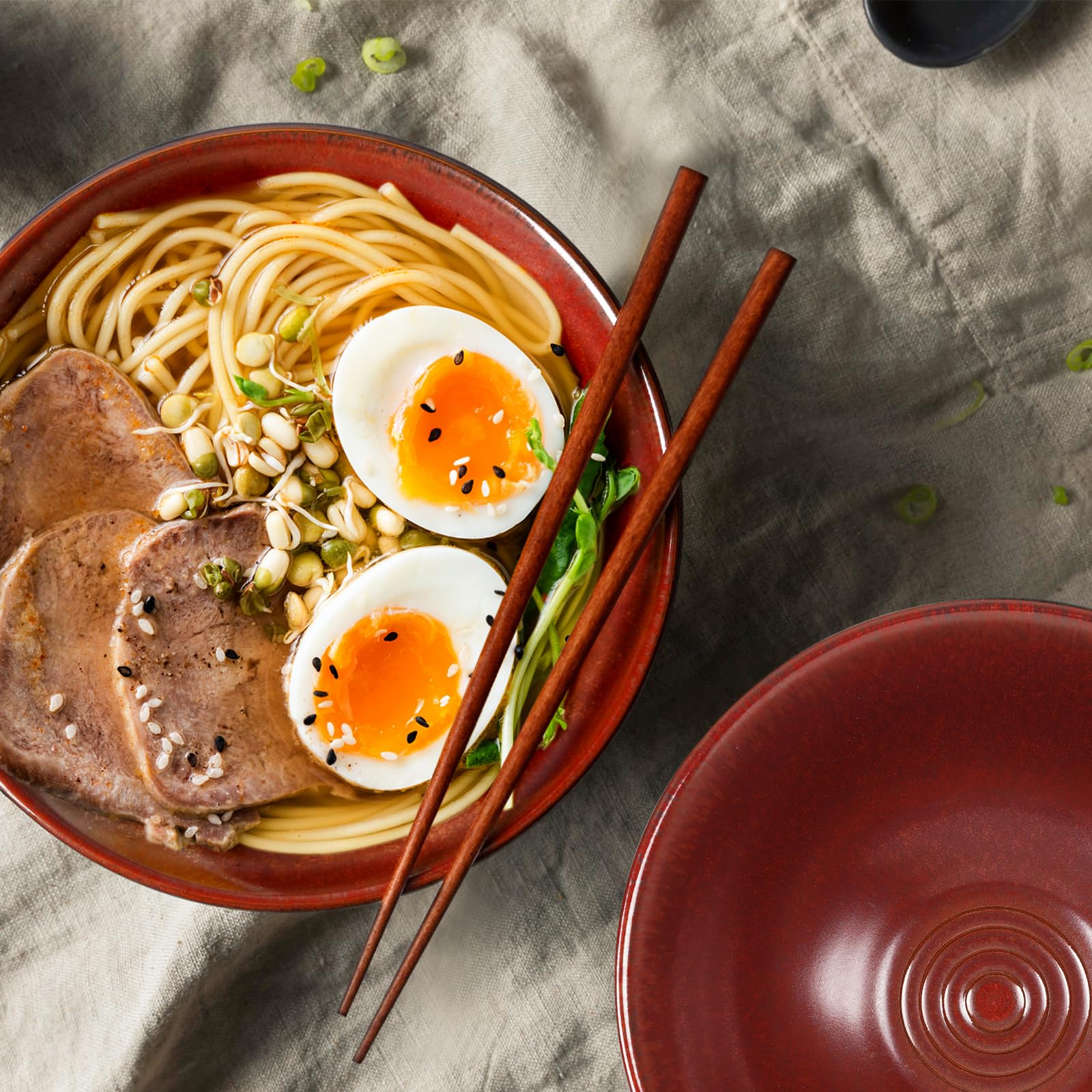 NutriUPS ramen bowl with spoons and chopsticks, complete serving set