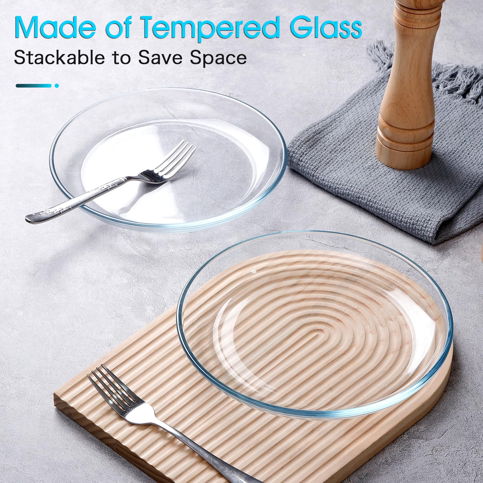 Nutriups stackable glass plates save cabinet space with easy storage.