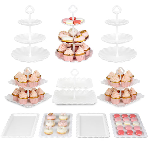 NWK cake stand set three-tier white for elegant dessert display at parties.