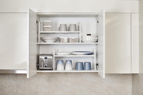 Nxconsu height-adjustable shelf demonstrates 4.9, 6.3, and 8.1 inch options