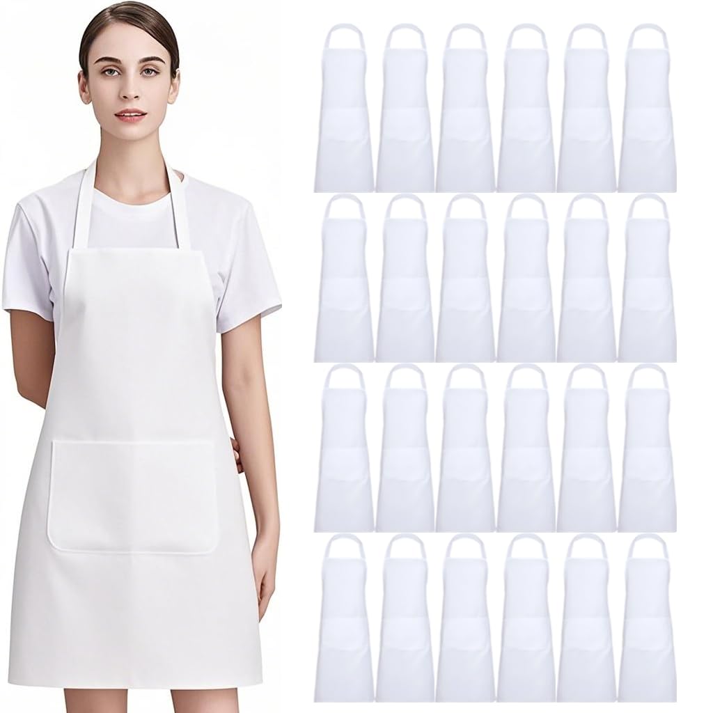 Nymmoata white aprons with pockets front view showing organized utensils.