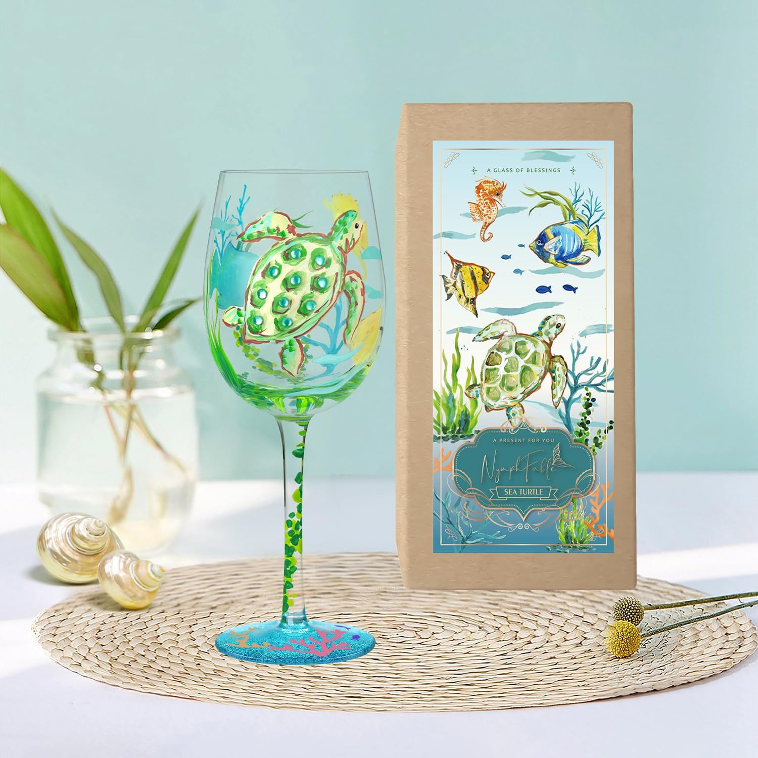 NymphFable Artisan-painted glass, perfect centerpiece or gift idea.