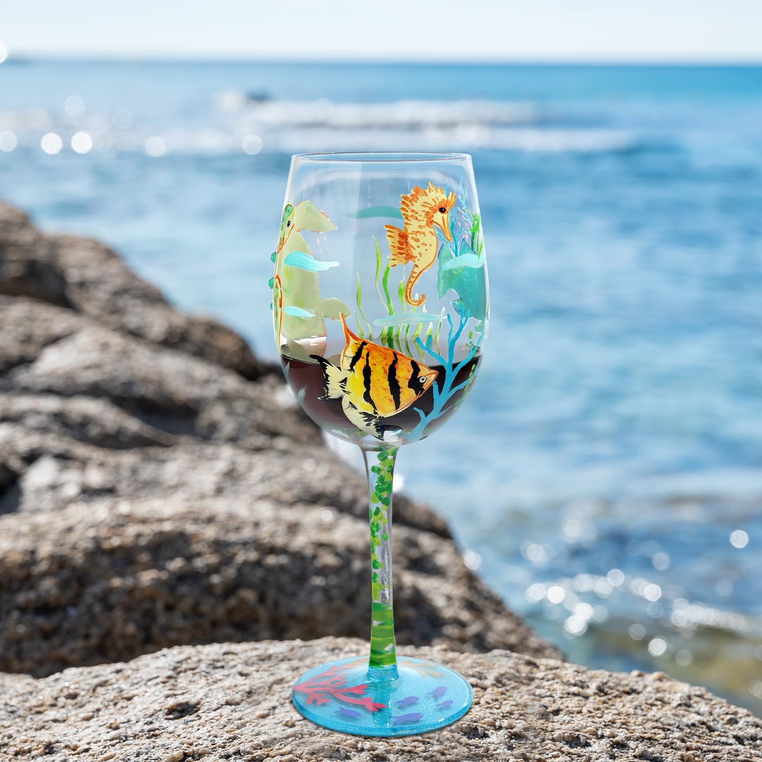 NymphFable Colorful sea creatures motif glass, ideal for gatherings.