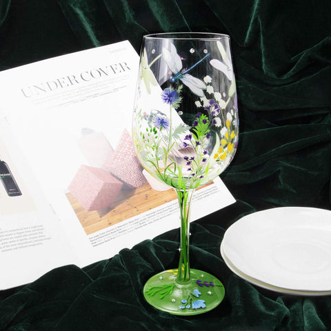 NymphFable hand-painted wine glass close-up showing non-toxic paints and rhinestones
