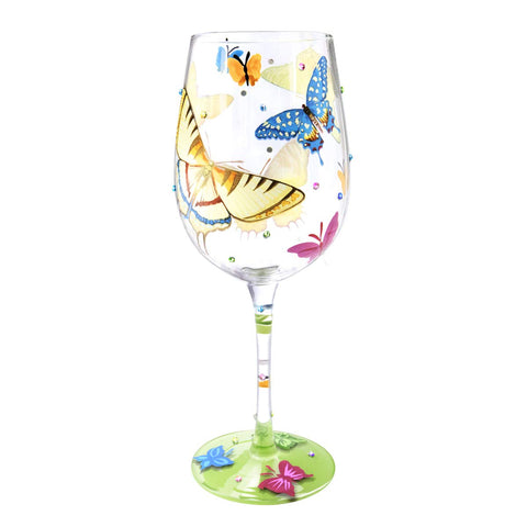 NymphFable hand-painted wine glass with colorful butterflies for festive gatherings