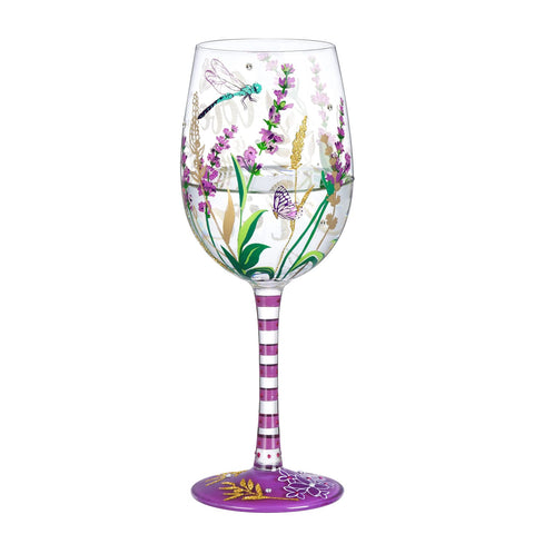 NymphFable hand-painted wine glass front view with lavender and dragonfly for elegant sipping.