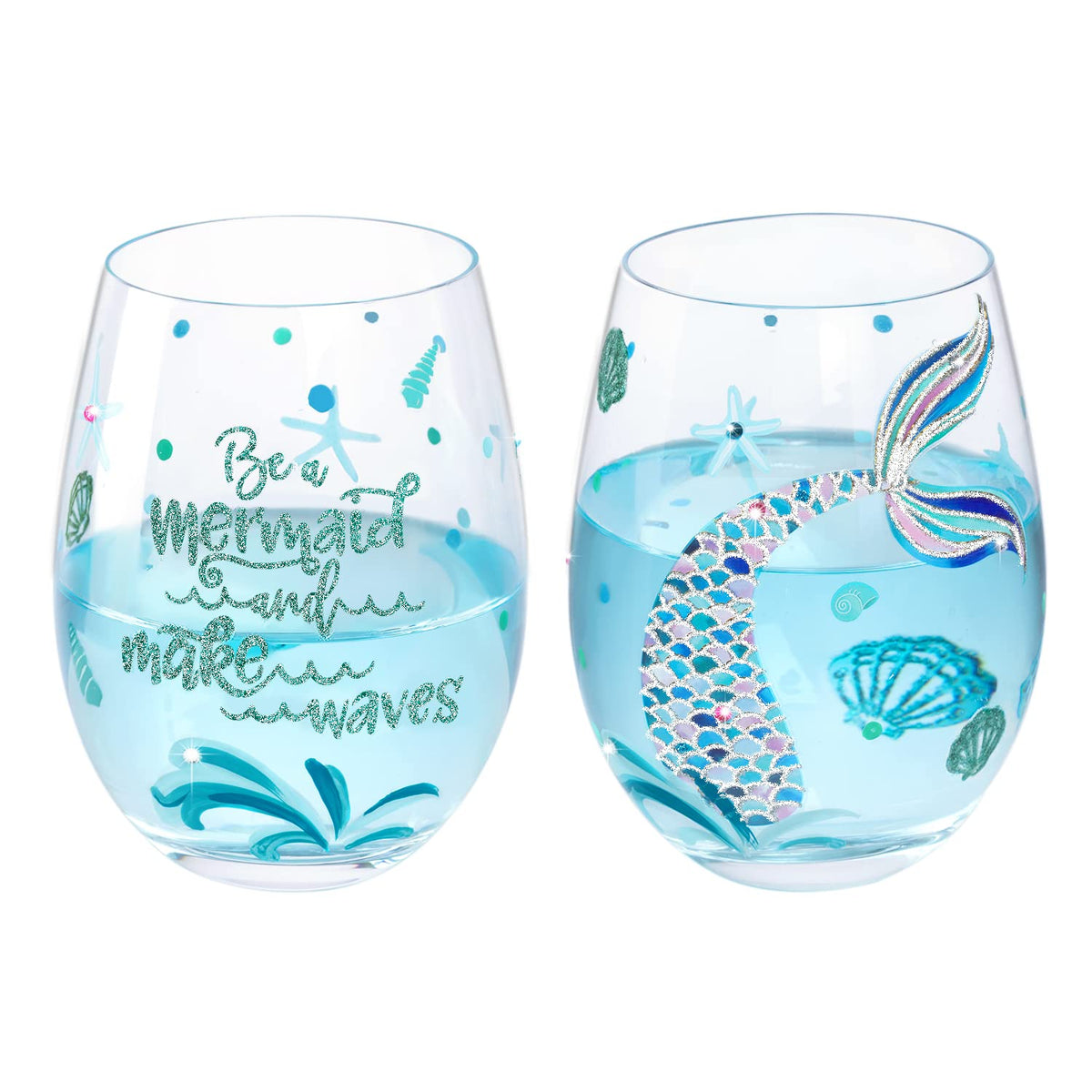 NymphFable mermaid stemless glass set two pieces, ideal for celebrations.