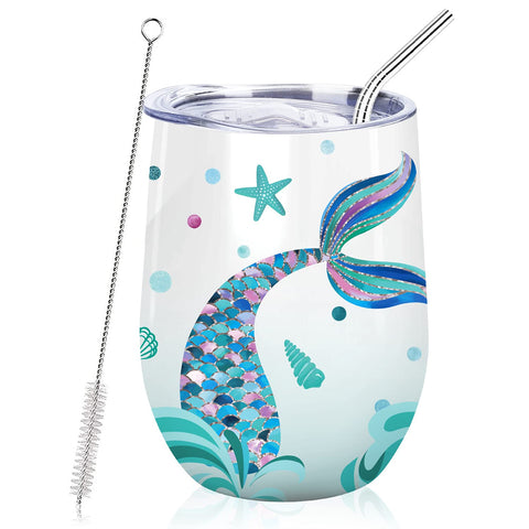 NymphFable Mermaid Wine Tumbler 12oz keeps beverages cold on the go.