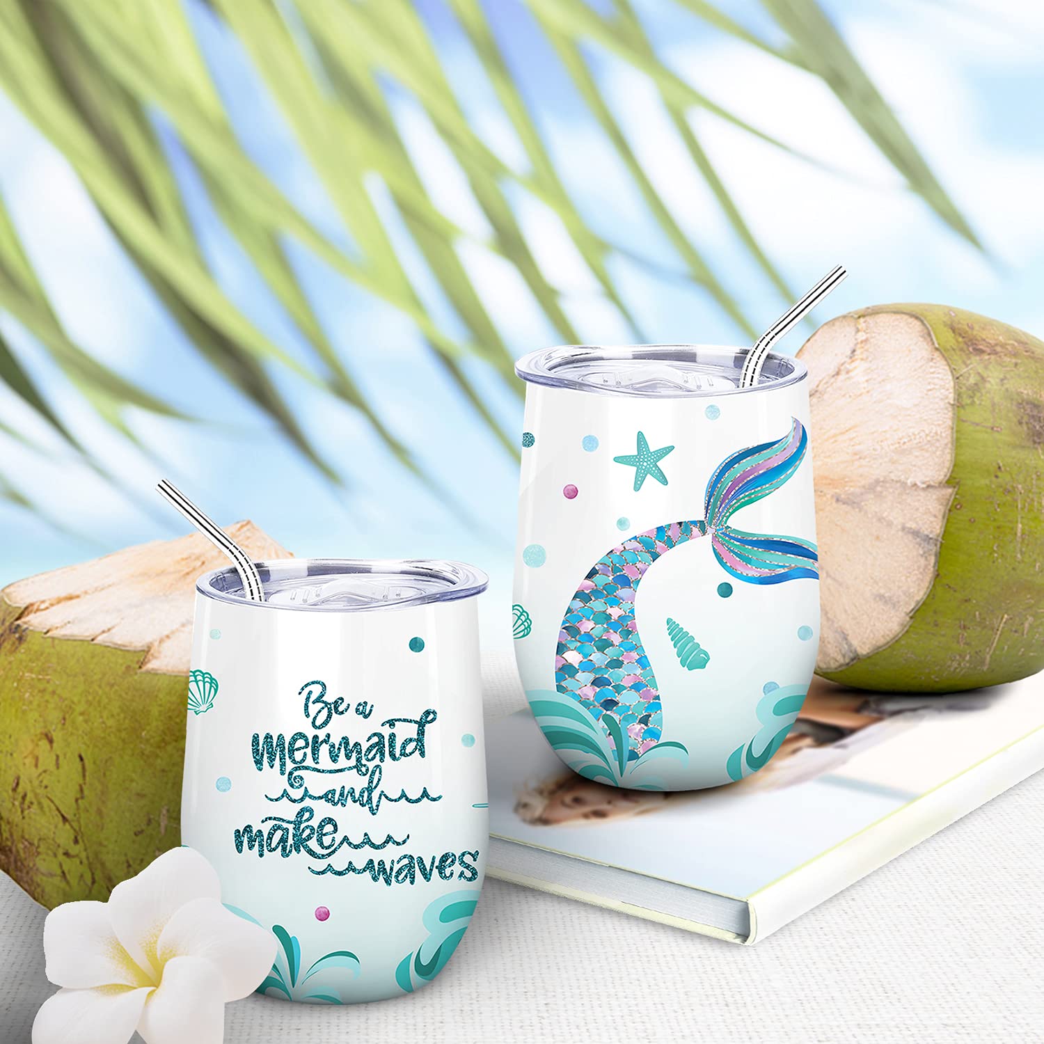 NymphFable Mermaid Wine Tumbler with lid and straw for spill-free sipping.