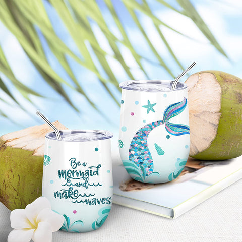 NymphFable Mermaid Wine Tumbler with lid and straw for spill-free sipping.