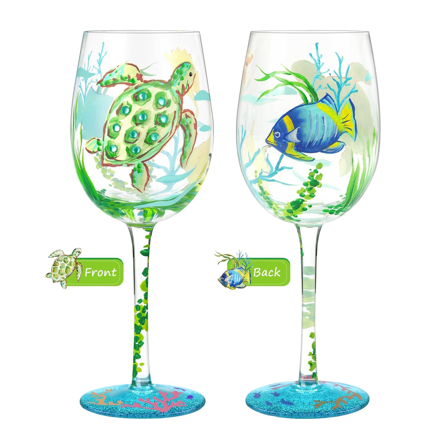 NymphFable Ocean Turtles wine glass with coastal motif, gifting-ready.