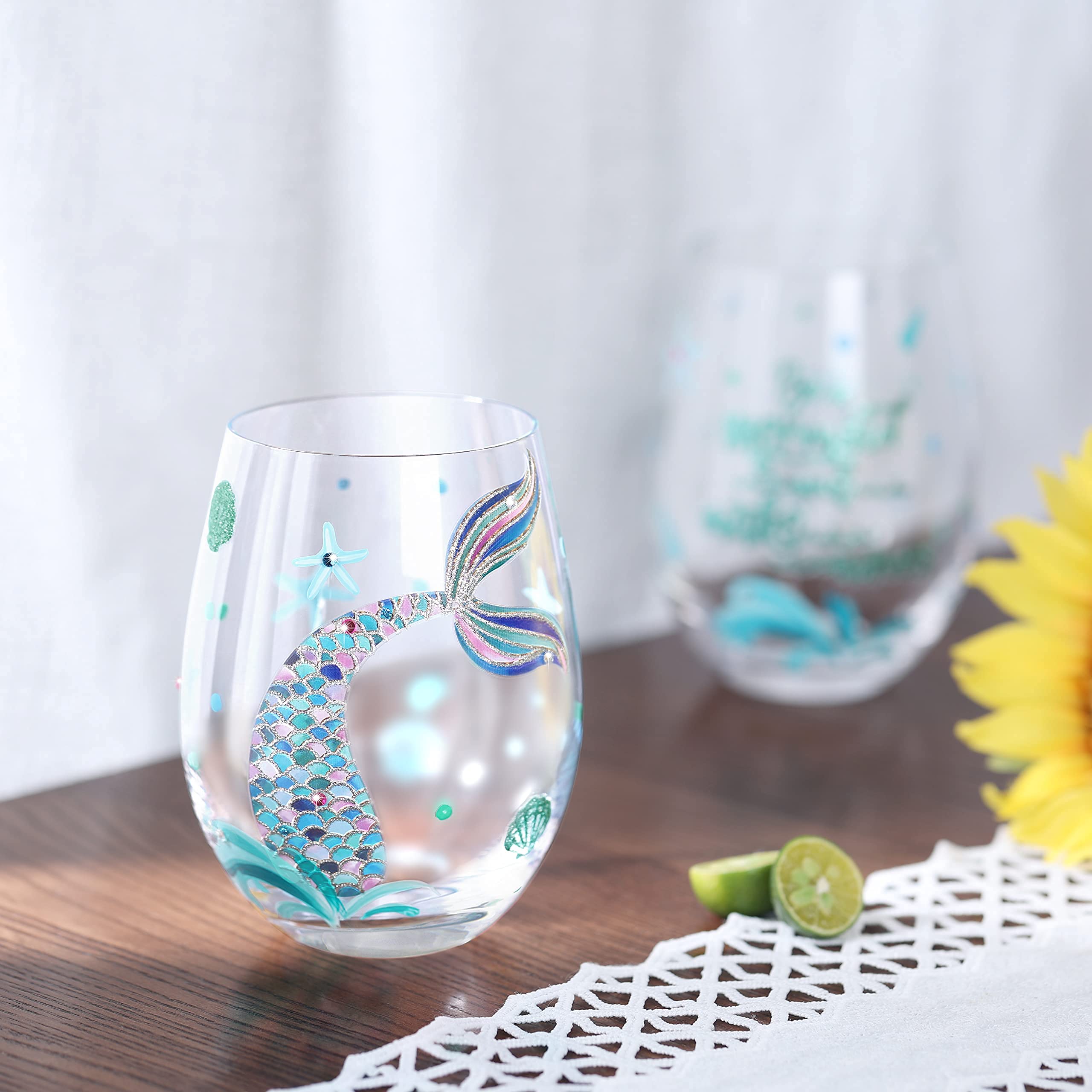 Rhinestone accents on NymphFable mermaid glass add festive sparkle.