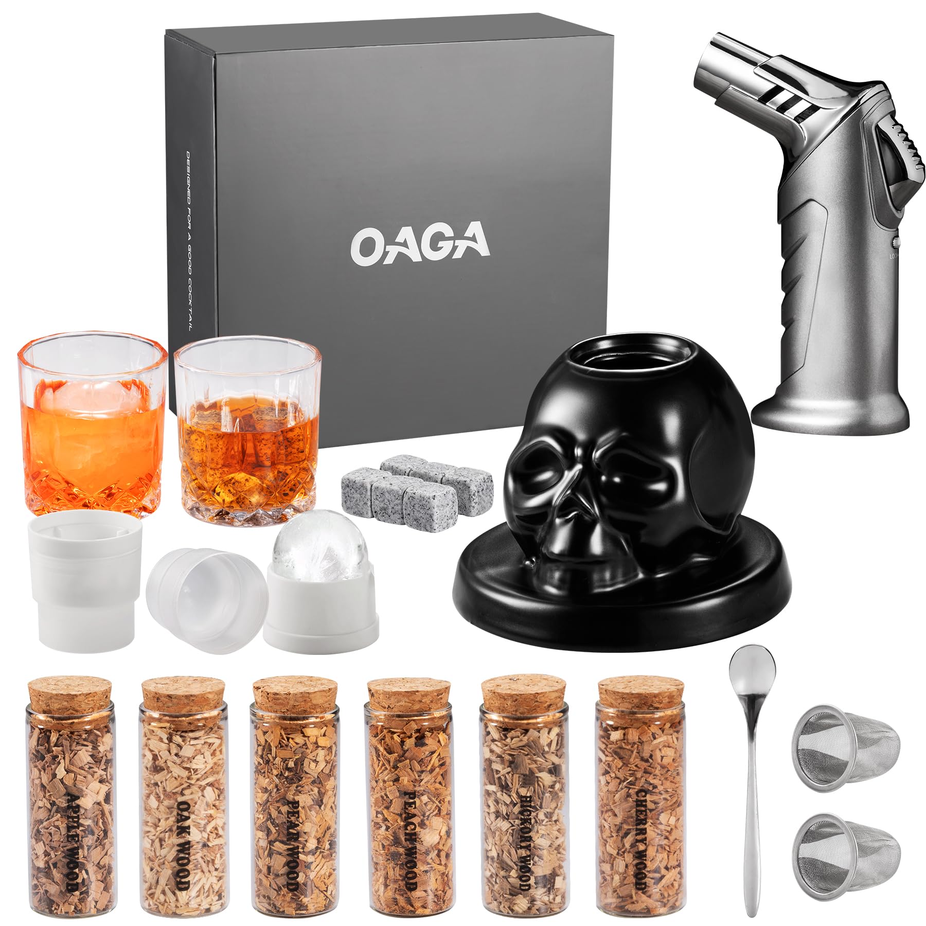 OAGA whiskey smoker skull top enhances presentation with dramatic smoky ambiance.