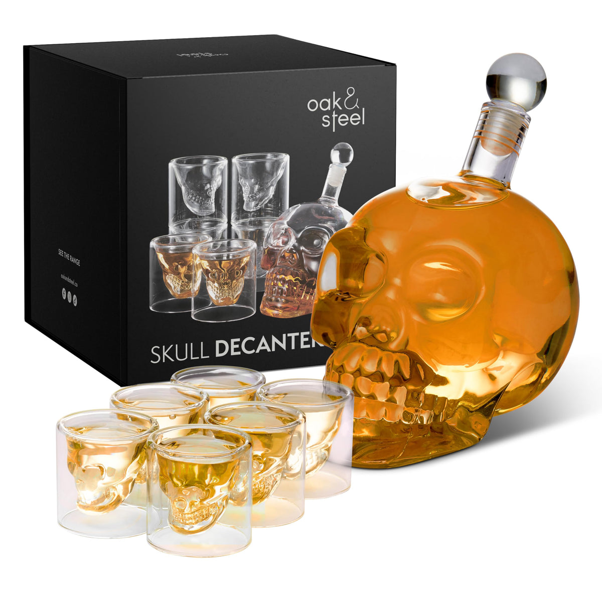 Oak & Steel 25oz skull decanter on a stylish bar display.