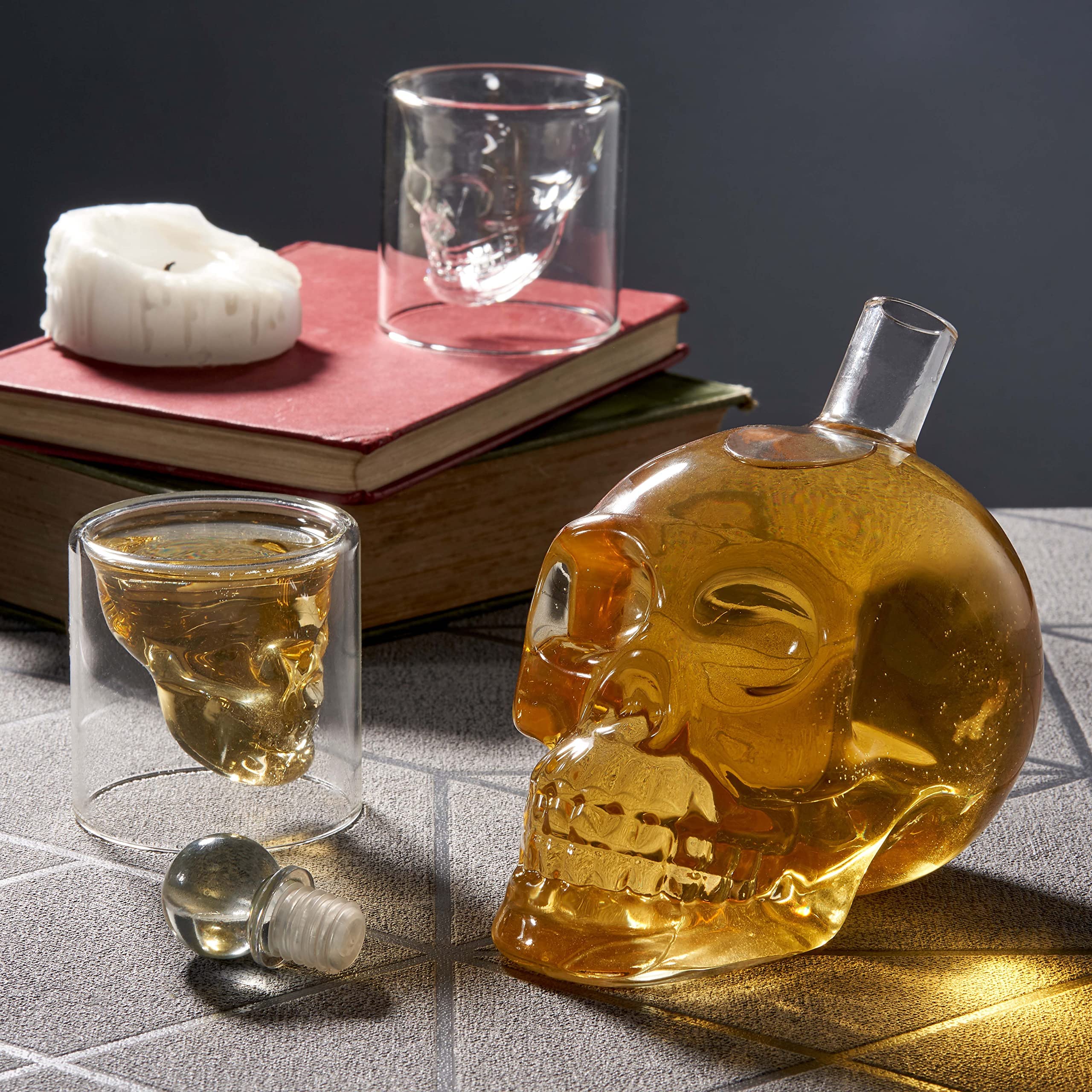 Elegant skull liquor dispenser suitable for tequila, vodka, or whiskey.