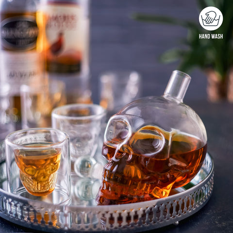 Oak & Steel skull shot glasses set of six for social toasts.