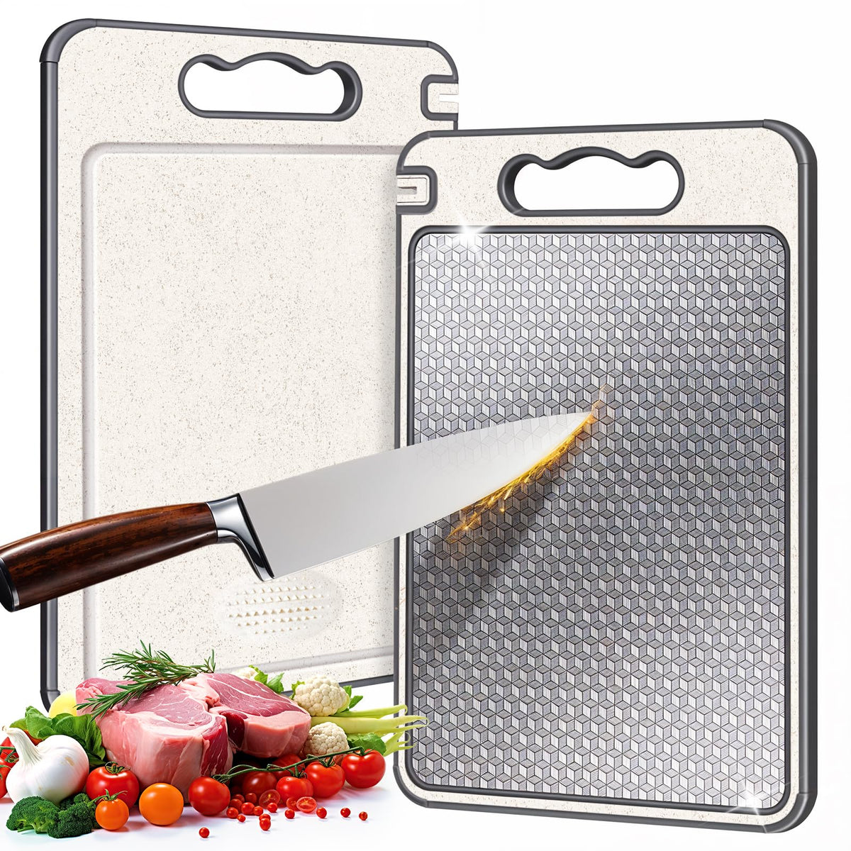 OakJAR stainless steel cutting board with mesh design reduces scratches during prep.