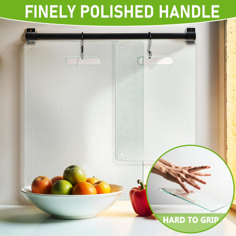 OAKJAR tempered glass cutting board 12x8 with handle ideal for compact spaces.