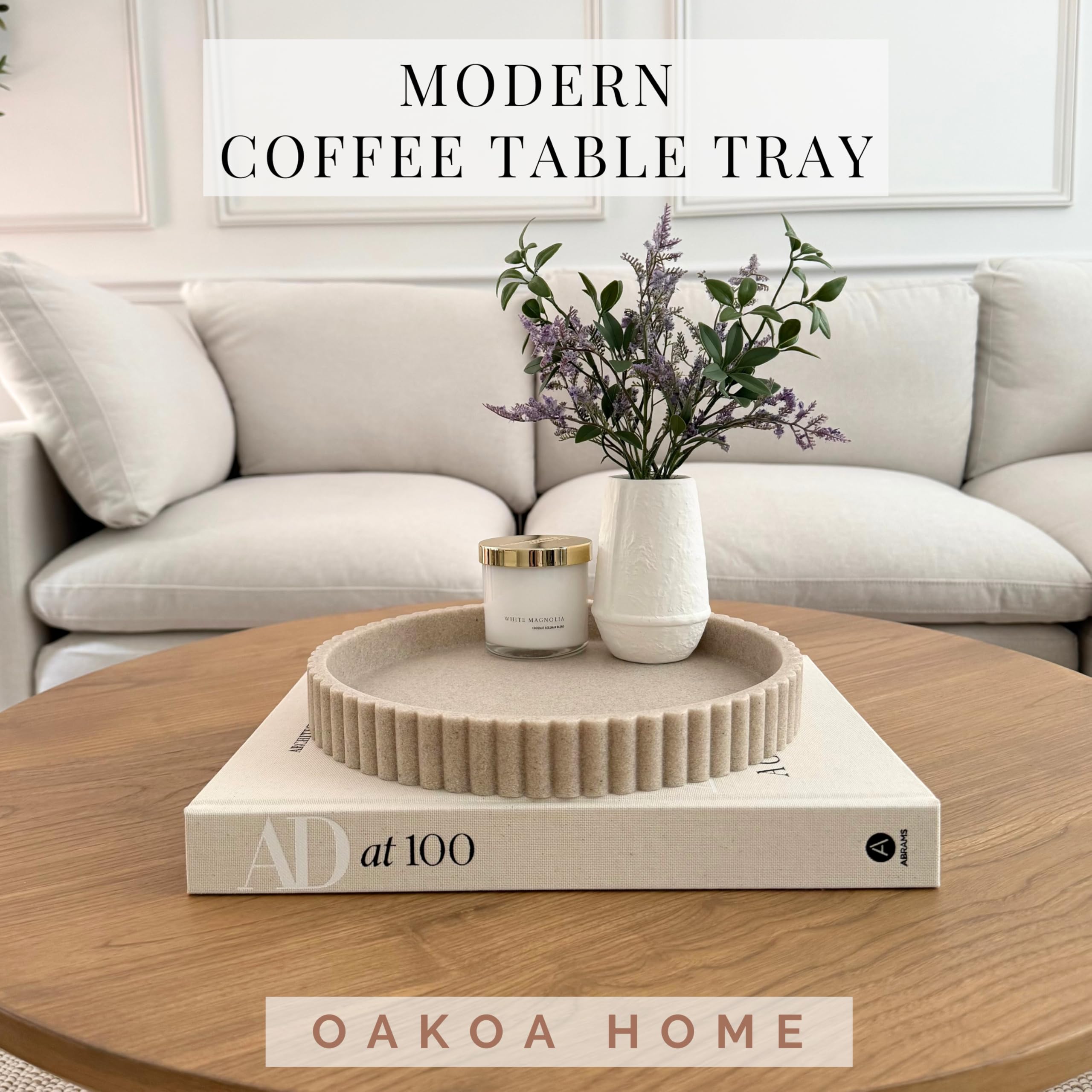OAKOA solid resin tray offers durable living room centerpiece and display surface.