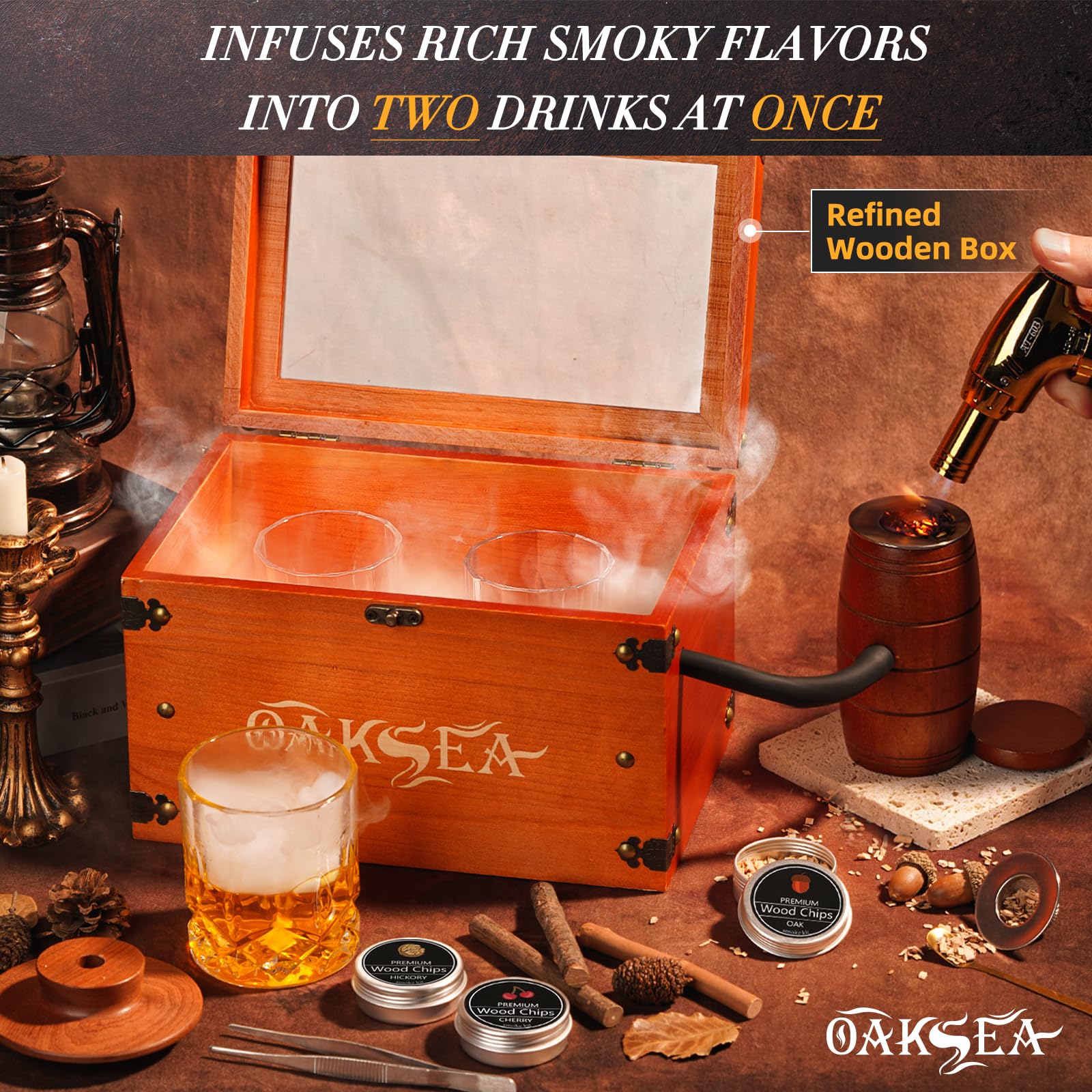 Oaksea smoker box and food tray open, ready to infuse drinks with smoky aroma