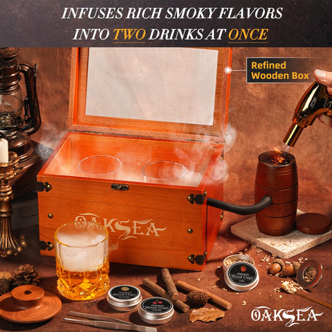 Oaksea smoker box and food tray open, ready to infuse drinks with smoky aroma