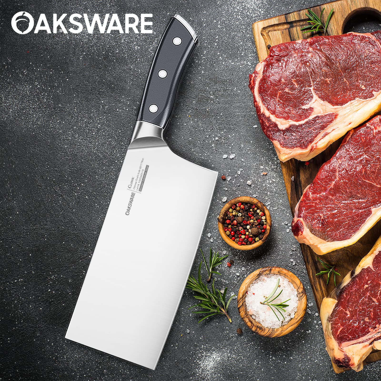 OAKSWARE Cleaver care shot shows rinse and dry for blade longevity