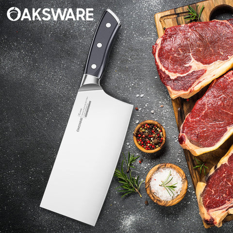 OAKSWARE Cleaver care shot shows rinse and dry for blade longevity