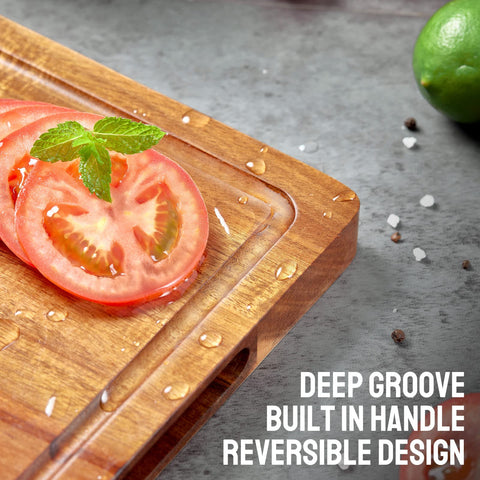 OAKSWARE cutting board with built-in handles for easy transport and carving.