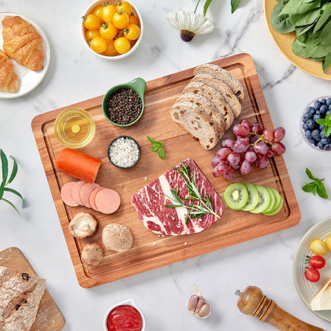 OAKSWARE edge grain board on counter, reversible surface for versatile prep.