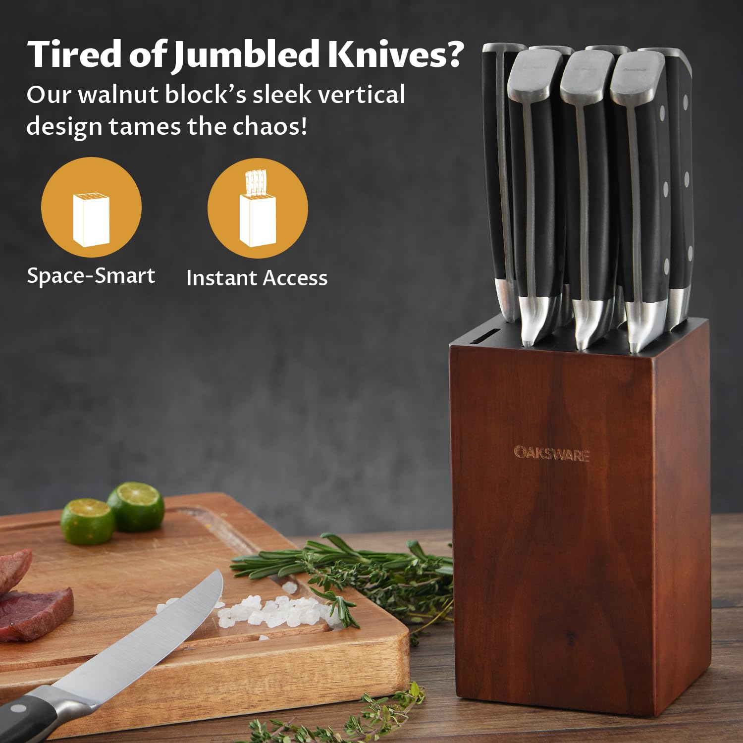 OAKSWARE elevated blade design keeps blades clean and prevents table contact.